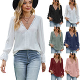 T-shirt autumn/winter new European and American jacquard V-neck lace patchwork long sleeved top