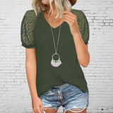 European and American women's spring/summer new waffle lace patchwork short sleeved V-neck t-shirt top