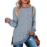 New European and American women's long-sleeved round neck color-blocked slit top Loose casual pullover T-shirt women