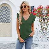 European and American Women's V-Neck Pullover Ruffle Short Sleeve Top Solid Color Casual T-Shirt