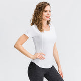 Women's Tight Yoga Short Sleeve Crew Neck Sports T-Shirt Patch Mesh Breathable High Stretch Quick Dry Running Fitness Jersey 02216