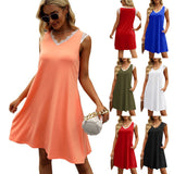Summer New European and American Women's Dress V-neck Eyelash Vest Solid Color Skirt