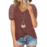 European and American women's spring/summer new waffle lace patchwork short sleeved V-neck t-shirt top