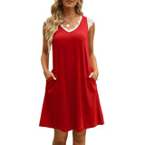 Summer New European and American Women's Dress V-neck Eyelash Vest Solid Color Skirt