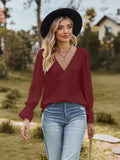 T-shirt autumn/winter new European and American jacquard V-neck lace patchwork long sleeved top
