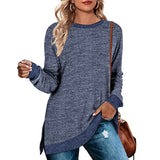 New European and American women's long-sleeved round neck color-blocked slit top Loose casual pullover T-shirt women