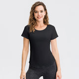 Women's Tight Yoga Short Sleeve Crew Neck Sports T-Shirt Patch Mesh Breathable High Stretch Quick Dry Running Fitness Jersey 02216